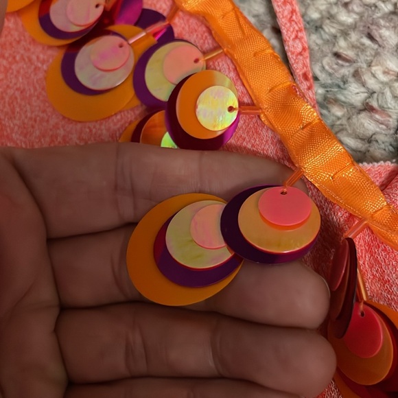 Vintage 70s poly ultra wide leg bell bottom jumpsuit with metallic disc neck - Picture 3 of 13